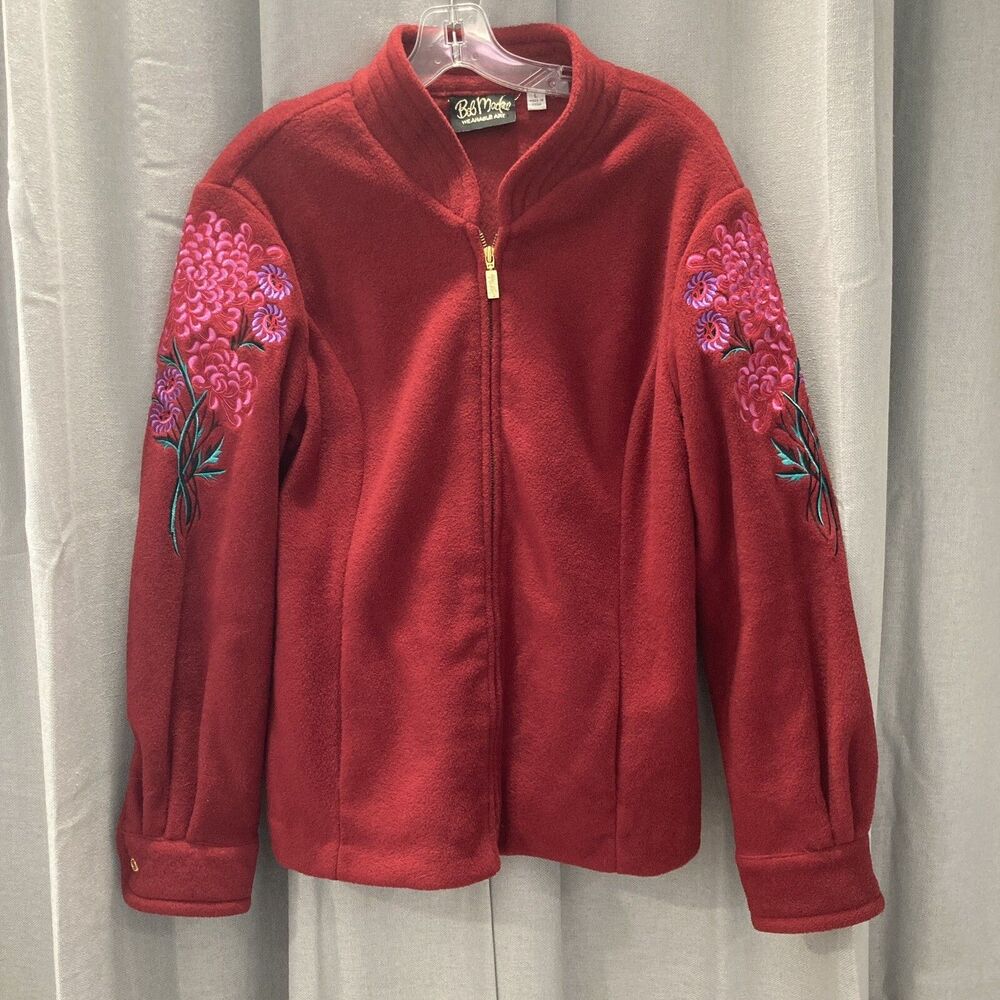 Bob Mackie Wearable Art Fleece Zip Up Jacket Red Embroidered Floral Size Large